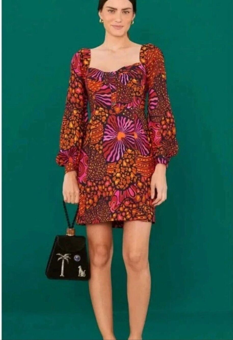 Farm Rio Leopard Hearts Long Sleeve Mini Dress Size S Sweetheart Neckline